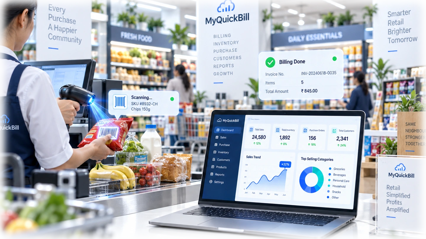 MyQuickBill retail and supermarket POS billing, barcode scanning and stock dashboard